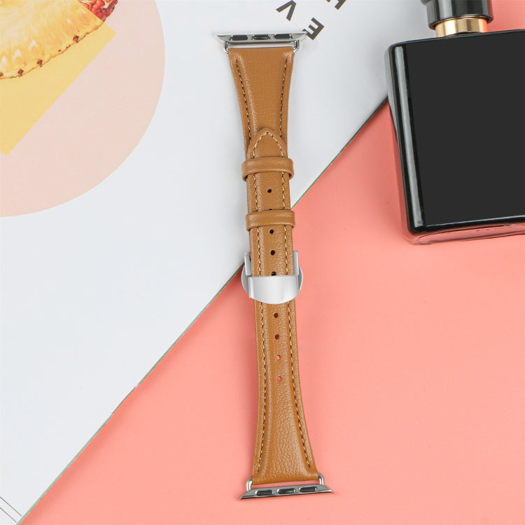 For Apple Watch Series 7 45mm Plain Leather Butterfly Buckle Watch Band(Brown+Silver) - free shipping - PMC TechLife - Order now!