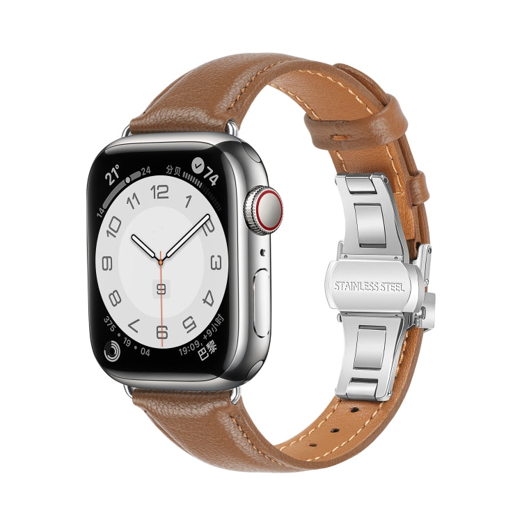 For Apple Watch Series 6 40mm Plain Leather Butterfly Buckle Watch Band(Dark Brown+Silver) - free shipping - PMC TechLife - Order now!