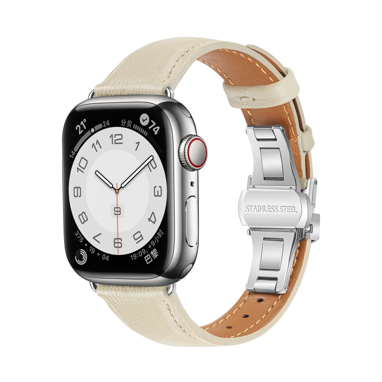 For Apple Watch Series 6 44mm Plain Leather Butterfly Buckle Watch Band(Beige+Silver) - free shipping - PMC TechLife - Order now!