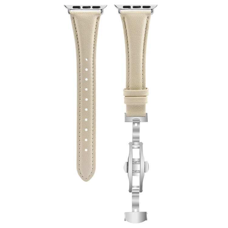 For Apple Watch Series 6 44mm Plain Leather Butterfly Buckle Watch Band(Beige+Silver) - free shipping - PMC TechLife - Order now!