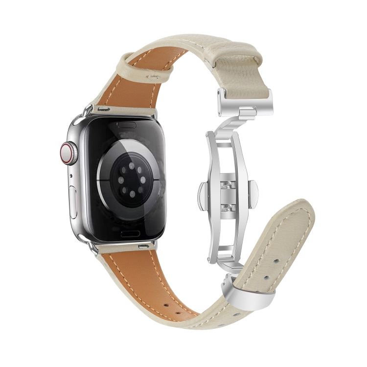 For Apple Watch Series 5 40mm Plain Leather Butterfly Buckle Watch Band(Beige+Silver) - free shipping - PMC TechLife - Order now!