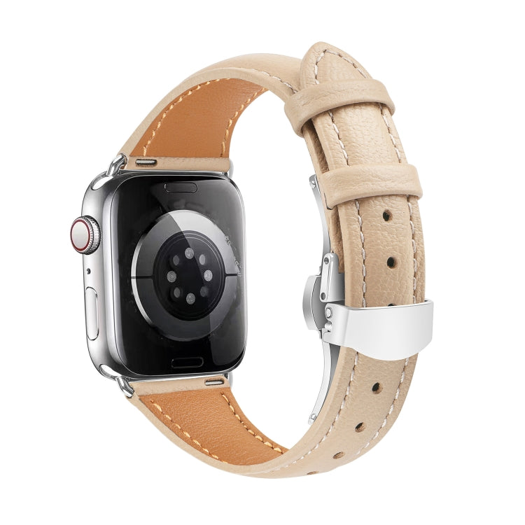For Apple Watch Series 4 44mm Plain Leather Butterfly Buckle Watch Band(Apricot+Silver) - free shipping - PMC TechLife - Order now!