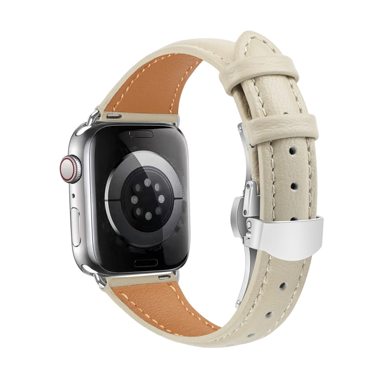 For Apple Watch Series 4 40mm Plain Leather Butterfly Buckle Watch Band(Beige+Silver) - free shipping - PMC TechLife - Order now!