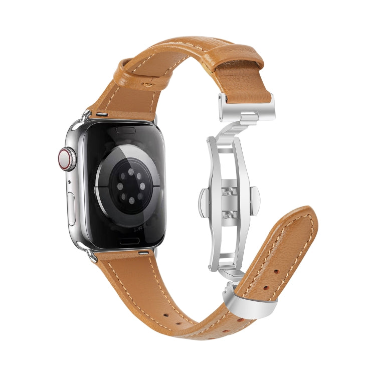 For Apple Watch Series 4 40mm Plain Leather Butterfly Buckle Watch Band(Brown+Silver) - free shipping - PMC TechLife - Order now!