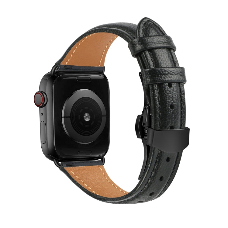 For Apple Watch Series 4 40mm Plain Leather Butterfly Buckle Watch Band(Black+Black) - Watch Bands by PMC TechLife | Online Shopping South Africa | PMC TechLife | Buy Now Pay Later Mobicred