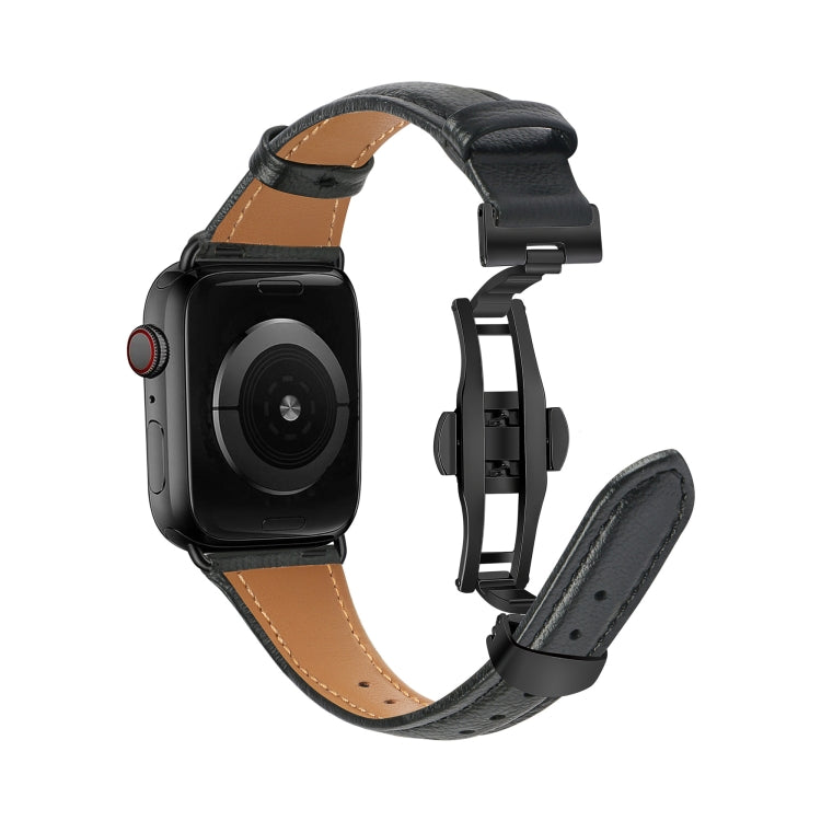 For Apple Watch Series 3 42mm Plain Leather Butterfly Buckle Watch Band(Black+Black) - Watch Bands by PMC TechLife | Online Shopping South Africa | PMC TechLife | Buy Now Pay Later Mobicred