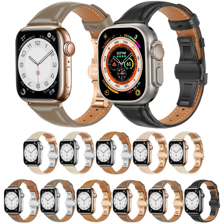 For Apple Watch Series 9 41mm Plain Leather Butterfly Buckle Watch Band(Beige+Silver) - free shipping - PMC TechLife - Order now!