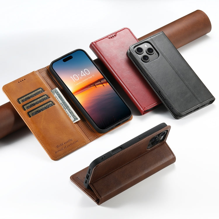 For iPhone 16 Suteni Calf Texture Horizontal Flip Leather Phone Case(Brown) - iPhone 16 Cases by Suteni | Online Shopping South Africa | PMC Jewellery | Buy Now Pay Later Mobicred