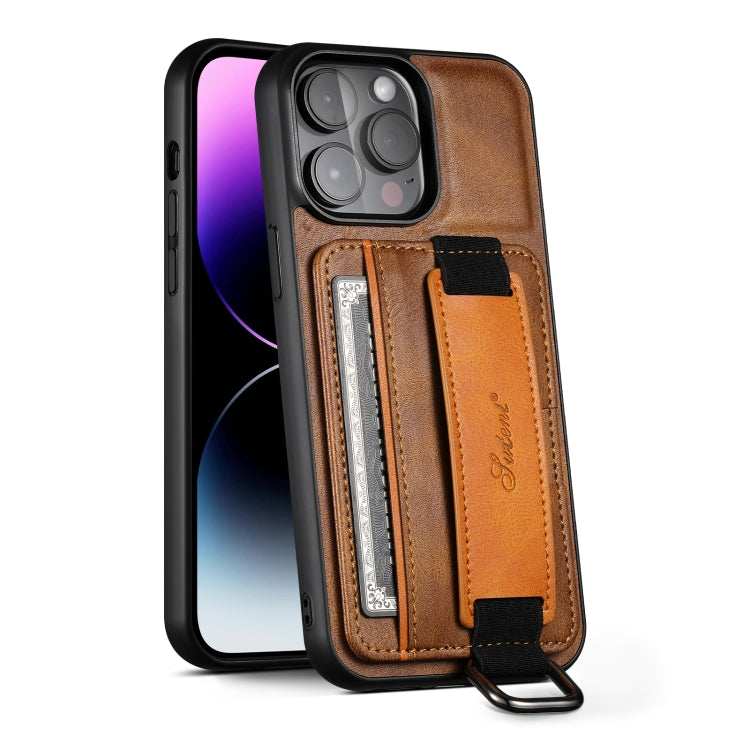 For iPhone 16 Pro Suteni H13 Card Wallet Wrist Strap Holder PU Phone Case(Brown) - iPhone 16 Pro Cases by Suteni | Online Shopping South Africa | PMC Jewellery | Buy Now Pay Later Mobicred