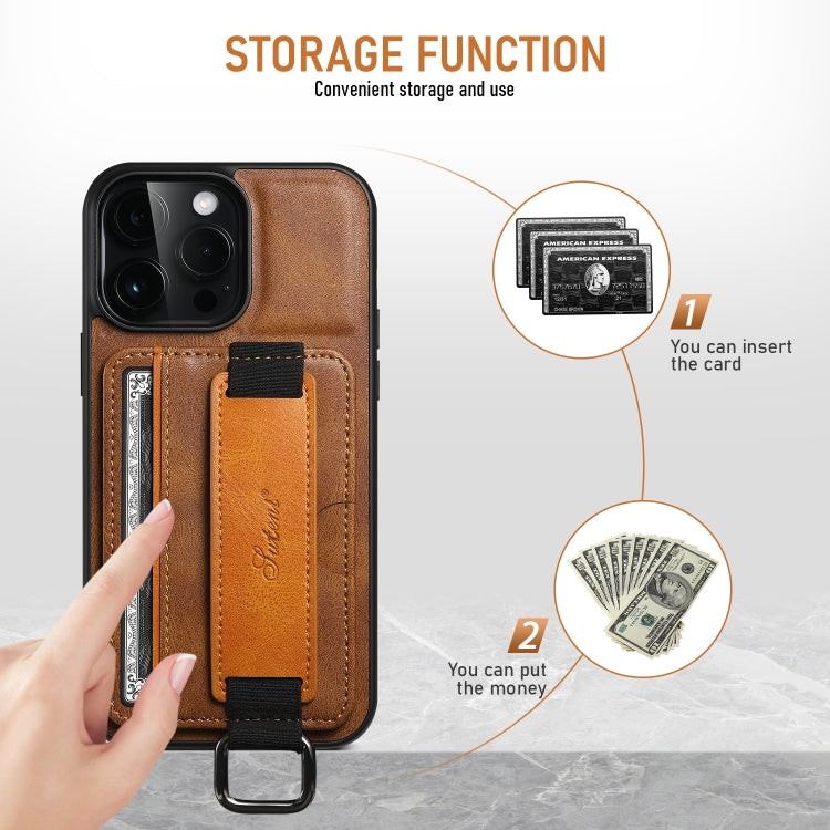 For iPhone 16 Pro Suteni H13 Card Wallet Wrist Strap Holder PU Phone Case(Brown) - iPhone 16 Pro Cases by Suteni | Online Shopping South Africa | PMC Jewellery | Buy Now Pay Later Mobicred