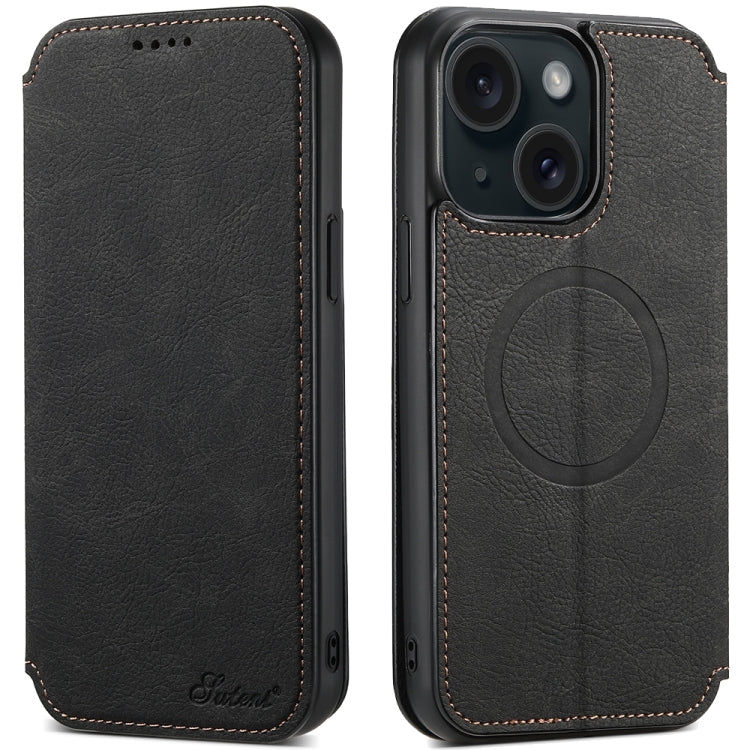 For iPhone 15 Plus Suteni J06 Retro Matte Litchi Texture Leather MagSafe Phone Case(Black) - free shipping - PMC Jewellery - Order now!