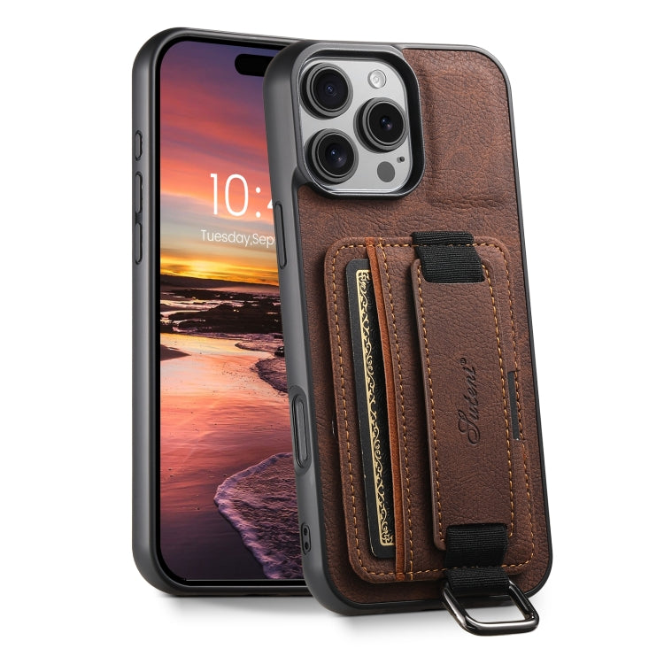 For iPhone 16 Pro Suteni H13 Litchi Leather Wrist Strap Wallet Back Phone Case(Brown) - iPhone 16 Pro Cases by Suteni | Online Shopping South Africa | PMC Jewellery | Buy Now Pay Later Mobicred