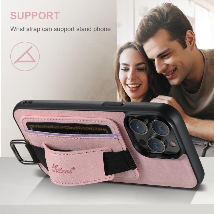 For iPhone 16e Suteni H13 Litchi Leather Wrist Strap Wallet Back Phone Case(Pink) - iPhone 16e Cases by Suteni | Online Shopping South Africa | PMC TechLife | Buy Now Pay Later Mobicred