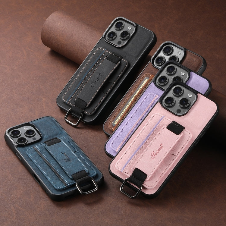 For iPhone 16 Plus Suteni H13 Litchi Leather Wrist Strap Wallet Back Phone Case(Pink) - free shipping - PMC Jewellery - Order now!