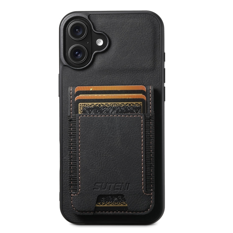 For iPhone 16 Suteni H03 Litchi Leather Card Bag Stand Back Phone Case(Black) - free shipping - PMC Jewellery - Order now!
