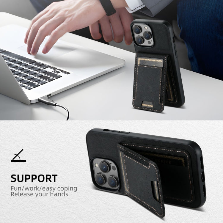 For iPhone 16 Suteni H03 Litchi Leather Card Bag Stand Back Phone Case(Black) - free shipping - PMC Jewellery - Order now!