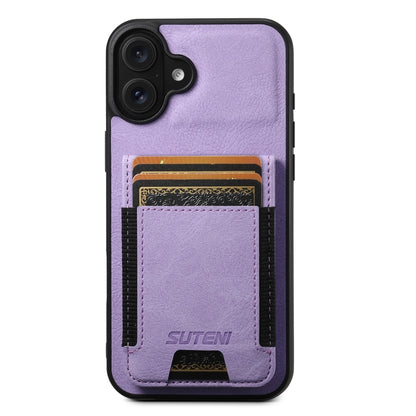 For iPhone 16 Suteni H03 Litchi Leather Card Bag Stand Back Phone Case(Purple) - iPhone 16 Cases by Suteni | Online Shopping South Africa | PMC Jewellery | Buy Now Pay Later Mobicred