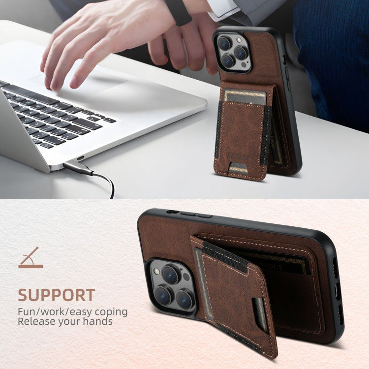 For iPhone 16 Pro Suteni H03 Litchi Leather Card Bag Stand Back Phone Case(Brown) - free shipping - PMC Jewellery - Order now!