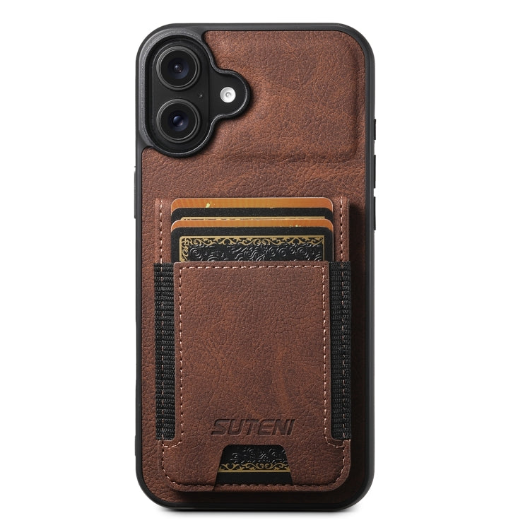 For iPhone 16 Plus Suteni H03 Litchi Leather Card Bag Stand Back Phone Case(Brown) - free shipping - PMC Jewellery - Order now!