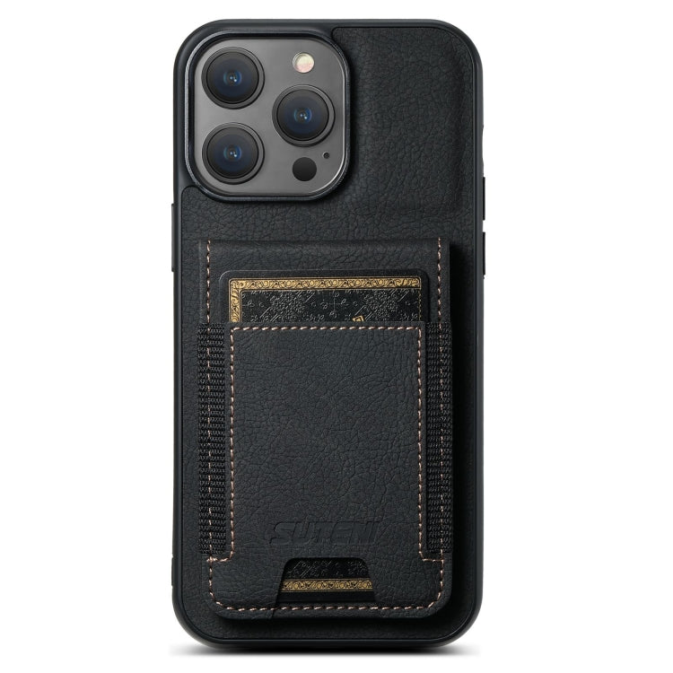 For iPhone 16 Pro Max Suteni H03 Litchi Leather Card Bag Stand Back Phone Case(Black) - free shipping - PMC Jewellery - Order now!