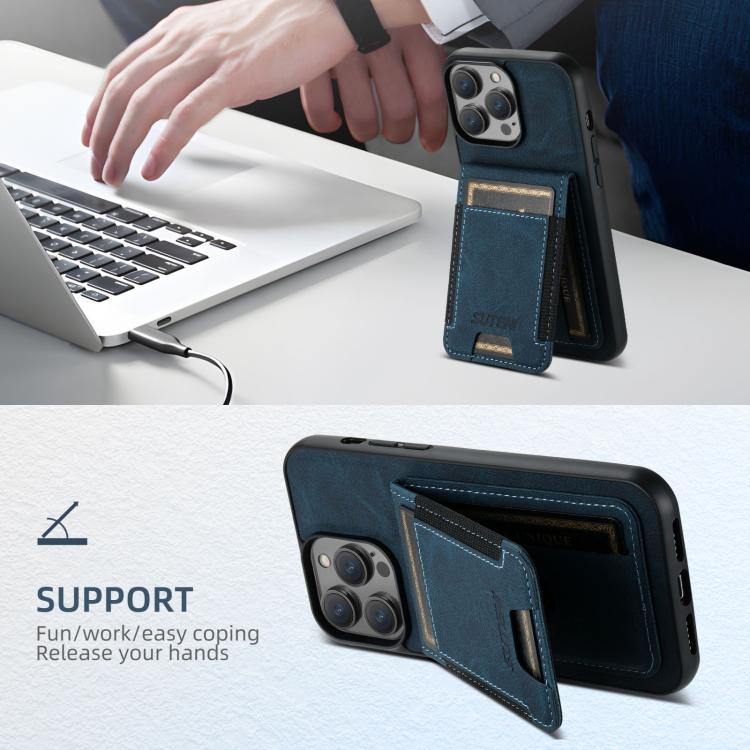 For iPhone 16e Suteni H03 Litchi Leather Card Bag Stand Back Phone Case(Blue) - iPhone 16e Cases by Suteni | Online Shopping South Africa | PMC TechLife | Buy Now Pay Later Mobicred