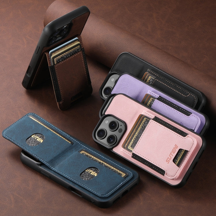 For iPhone 16 Suteni H03 Litchi Leather Card Bag Stand Back Phone Case(Black) - free shipping - PMC Jewellery - Order now!