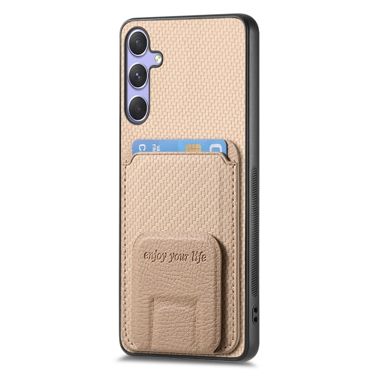 For Samsung Galaxy S25 5G Carbon Fiber Card Bag Fold Stand Phone Case(Khaki) - free shipping - PMC Jewellery - Order now!