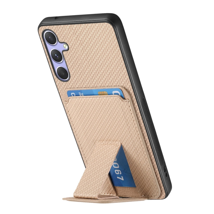 For Samsung Galaxy S25 5G Carbon Fiber Card Bag Fold Stand Phone Case(Khaki) - free shipping - PMC Jewellery - Order now!