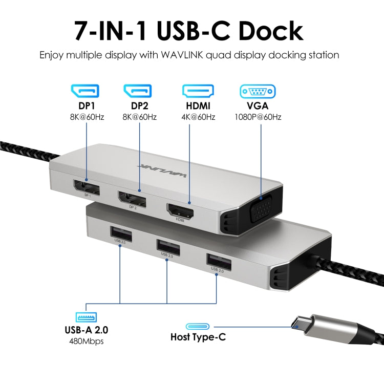 WAVLINK WL-UMD307 Type-C to 2DP + 4K HD + VGA + 3 x USB2.0 HUB Docking Station - USB HUB by WAVLINK | Online Shopping South Africa | PMC Jewellery | Buy Now Pay Later Mobicred