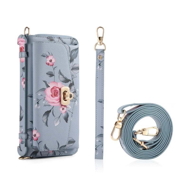 For Samsung Galaxy S24 5G Flower Multi-functional Crossbody Zipper Wallet Leather Phone Case(Blue) - Galaxy S24 5G Cases by PMC Jewellery | Online Shopping South Africa | PMC Jewellery | Buy Now Pay Later Mobicred