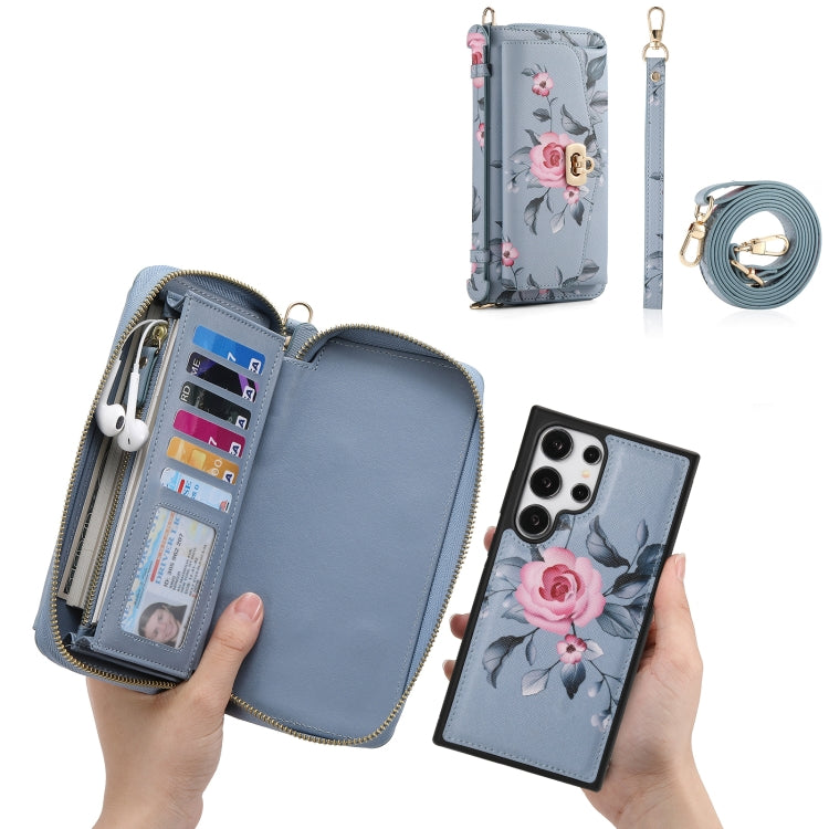 For Samsung Galaxy S24+ 5G Flower Multi-functional Crossbody Zipper Wallet Leather Phone Case(Blue) - Galaxy S24+ 5G Cases by PMC Jewellery | Online Shopping South Africa | PMC Jewellery | Buy Now Pay Later Mobicred