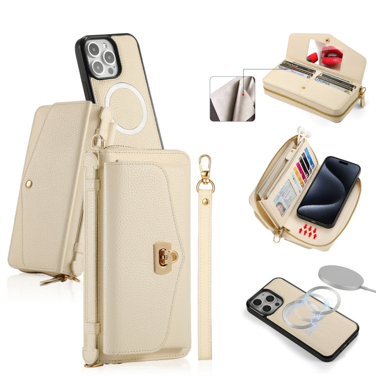 For iPhone 15 Pro Max MagSafe Crossbody Multi-functional Zipper Wallet Litchi Leather Phone Case(White) - iPhone 15 Pro Max Cases by PMC TechLife | Online Shopping South Africa | PMC TechLife