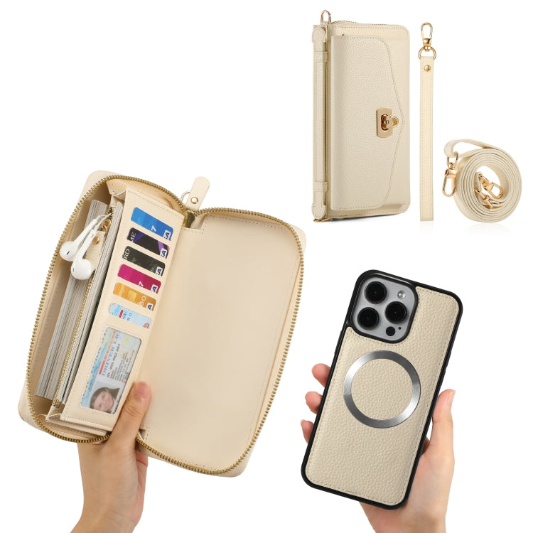 For iPhone 15 Pro Max MagSafe Crossbody Multi-functional Zipper Wallet Litchi Leather Phone Case(White) - iPhone 15 Pro Max Cases by PMC TechLife | Online Shopping South Africa | PMC TechLife