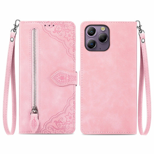 For Blackview A96 Embossed Flower Zipper Leather Phone Case(Pink) - More Brand by PMC Jewellery | Online Shopping South Africa | PMC Jewellery