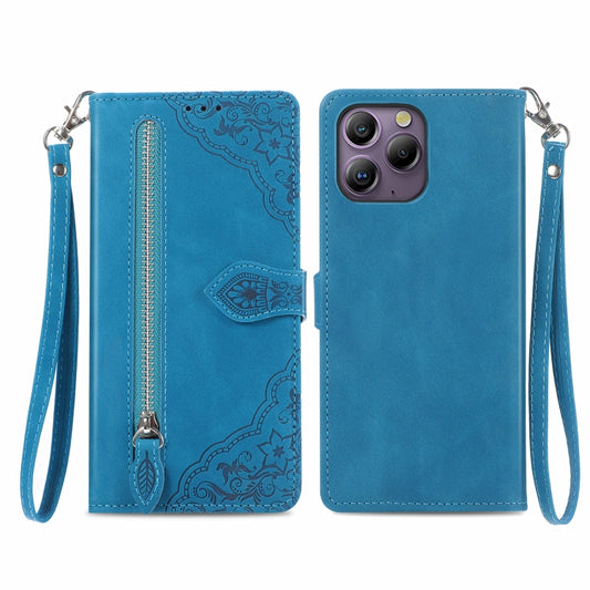 For Blackview A96 Embossed Flower Zipper Leather Phone Case(Bule) - More Brand by PMC Jewellery | Online Shopping South Africa | PMC Jewellery