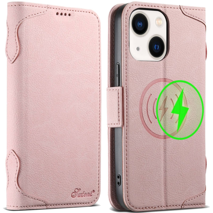 For iPhone 14 SUTENI J07 Multifunctional Horizontal Flip Magsafe Leather Phone Case(Pink) - iPhone 14 Cases by Suteni | Online Shopping South Africa | PMC Jewellery | Buy Now Pay Later Mobicred