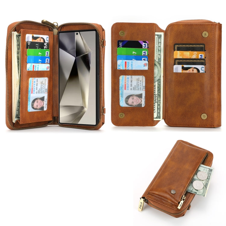 For Samsung Galaxy S24+ 5G Crossbody Multi-functional Zipper Wallet Leather Phone Case(Brown) - Galaxy S24+ 5G Cases by PMC Jewellery | Online Shopping South Africa | PMC Jewellery | Buy Now Pay Later Mobicred