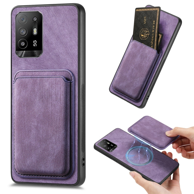 For OPPO F19 Pro+ Retro Leather Card Bag Magnetic Phone Case(Purple) - OPPO Cases by PMC Jewellery | Online Shopping South Africa | PMC Jewellery | Buy Now Pay Later Mobicred