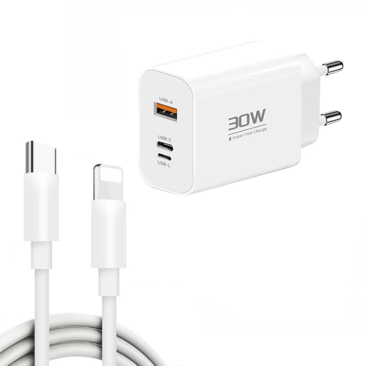 PD30W USB-C / Type-C + 8 Pin + USB Charger with Type-C to 8 Pin Date Cable(EU Plug) - free shipping - PMC Jewellery - Order now!