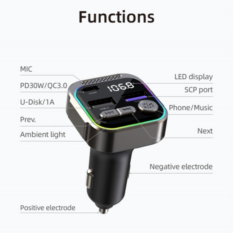 C54 PD 30W Dual USB Car Charger Alloy Car Bluetooth Adapter FM Transmitter MP3 Player - Car Charger by PMC TechLife | Online Shopping South Africa | PMC TechLife | Buy Now Pay Later Mobicred