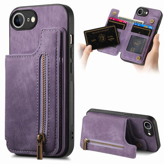 For iPhone 16e Retro Leather Zipper Wallet Back Phone Case(Purple) - iPhone 16e Cases by PMC Jewellery | Online Shopping South Africa | PMC Jewellery | Buy Now Pay Later Mobicred