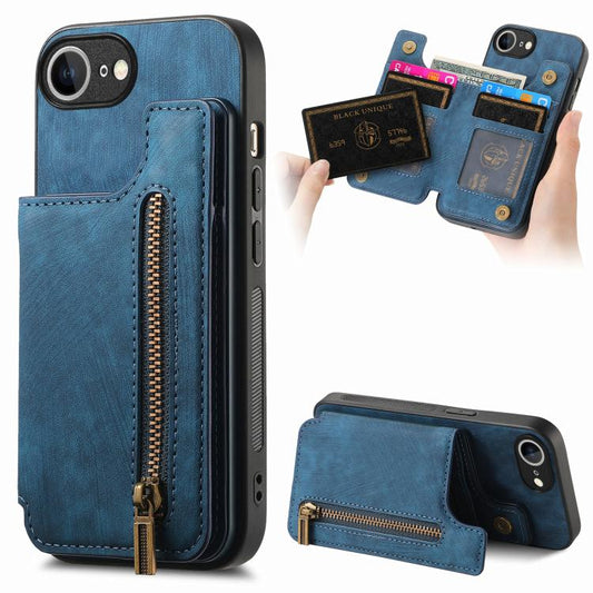 For iPhone 16e Retro Leather Zipper Wallet Back Phone Case(Blue) - iPhone 16e Cases by PMC Jewellery | Online Shopping South Africa | PMC Jewellery | Buy Now Pay Later Mobicred