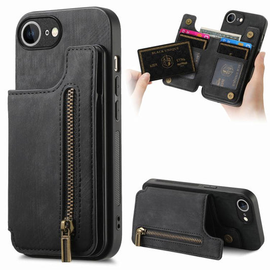 For iPhone 16e Retro Leather Zipper Wallet Back Phone Case(Black) - iPhone 16e Cases by PMC Jewellery | Online Shopping South Africa | PMC Jewellery | Buy Now Pay Later Mobicred