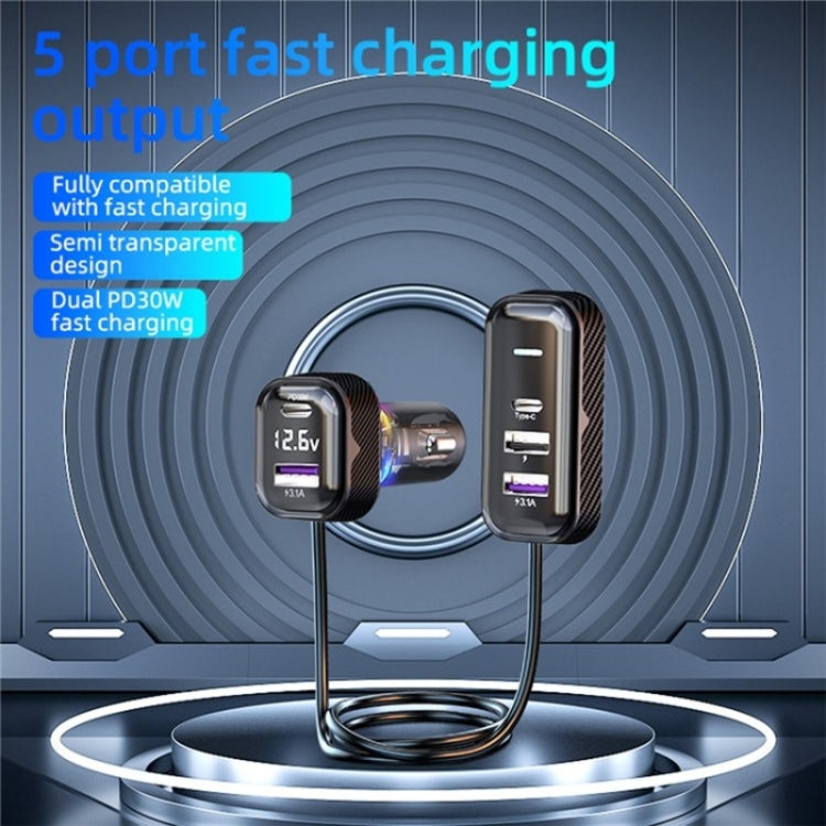 YQ6 PD 30W Fast Charging 2 x Type-C + 3 x USB Car Charger with 1.5m Extension Cable - Car Charger by PMC Jewellery | Online Shopping South Africa | PMC Jewellery | Buy Now Pay Later Mobicred