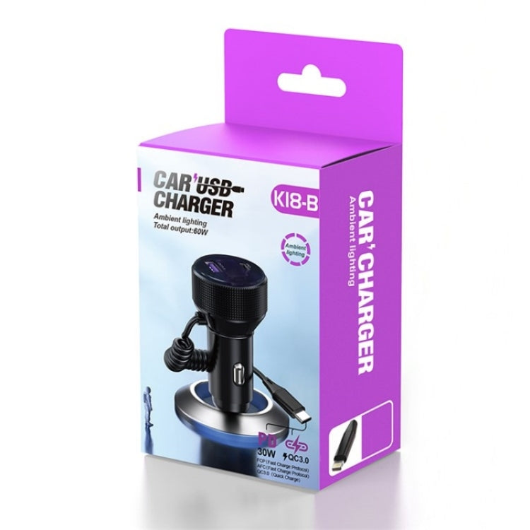 K18B 12-24V Car Charger USB+Type-C Dual Port Charging Adapter with PD 30W Type-C Spring Cable - Car Charger by PMC TechLife | Online Shopping South Africa | PMC TechLife | Buy Now Pay Later Mobicred