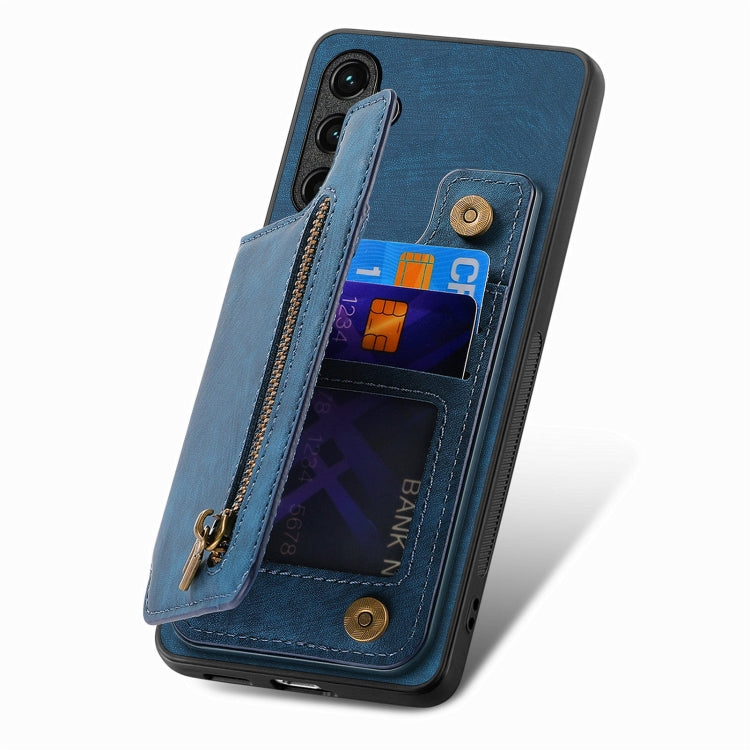 For Samsung Galaxy S25 5G Retro Leather Zipper Wallet Back Phone Case(Blue) - Galaxy S25 5G Cases by PMC Jewellery | Online Shopping South Africa | PMC Jewellery | Buy Now Pay Later Mobicred