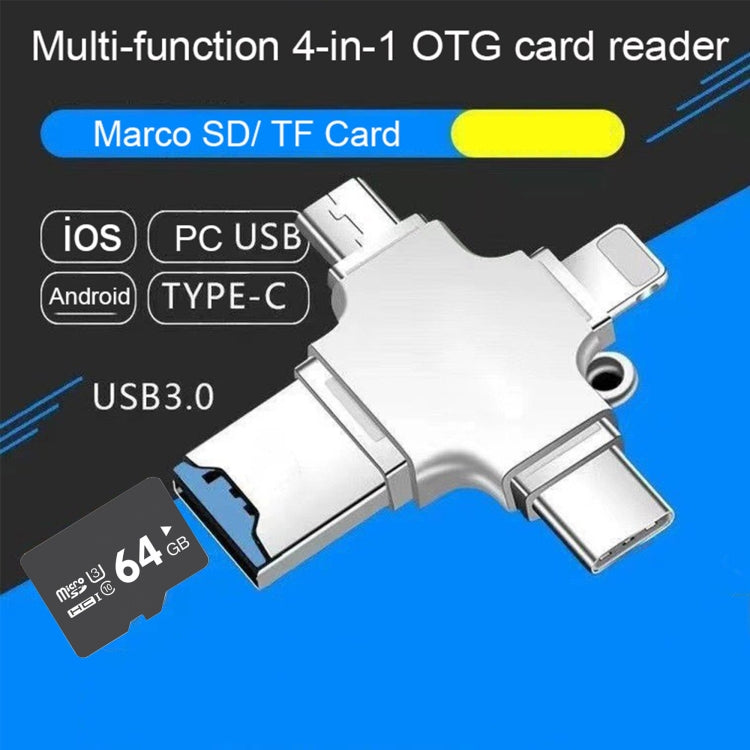 4 in 1 USB-C / Type-C  USB 2.0 + Micro USB + 8 Pin Adapter TF Card Reader, Memory Card:64GB(Sliver) - U Disk & Card Reader by PMC TechLife | Online Shopping South Africa | PMC TechLife | Buy Now Pay Later Mobicred