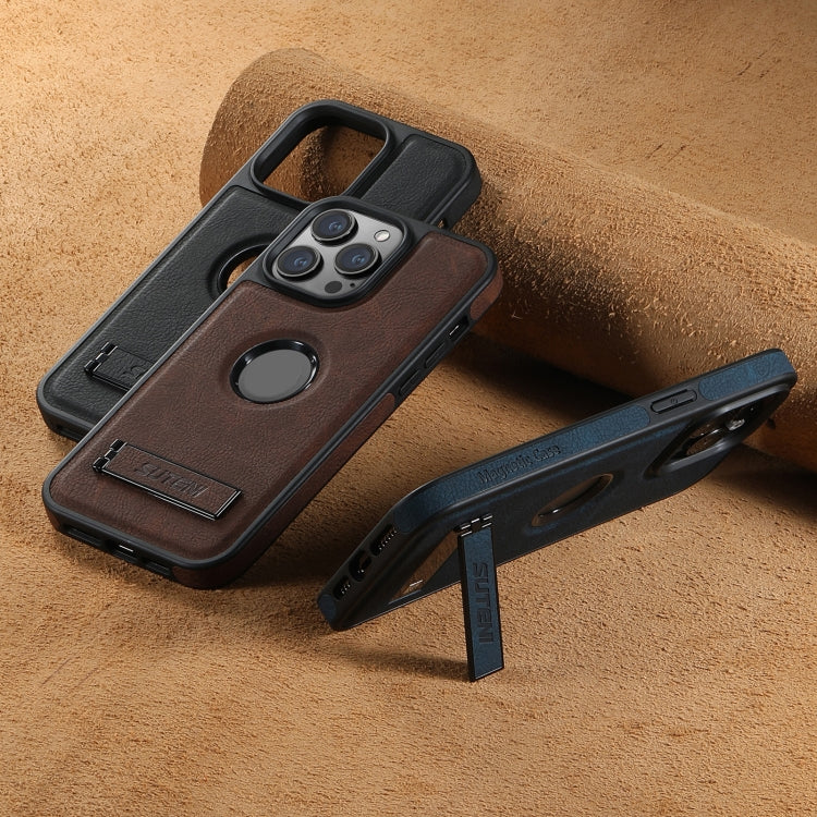 For iPhone 16 Suteni G2 Magsafe Litchi Texture Leather Back Phone Case with Holder(Blue) - free shipping - PMC Jewellery - Order now!