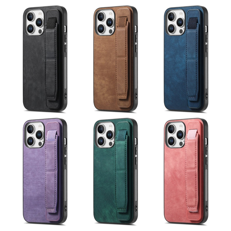 For iPhone 16e Retro Wristband Holder Leather Back Phone Case(Blue) - iPhone 16e Cases by PMC TechLife | Online Shopping South Africa | PMC TechLife | Buy Now Pay Later Mobicred
