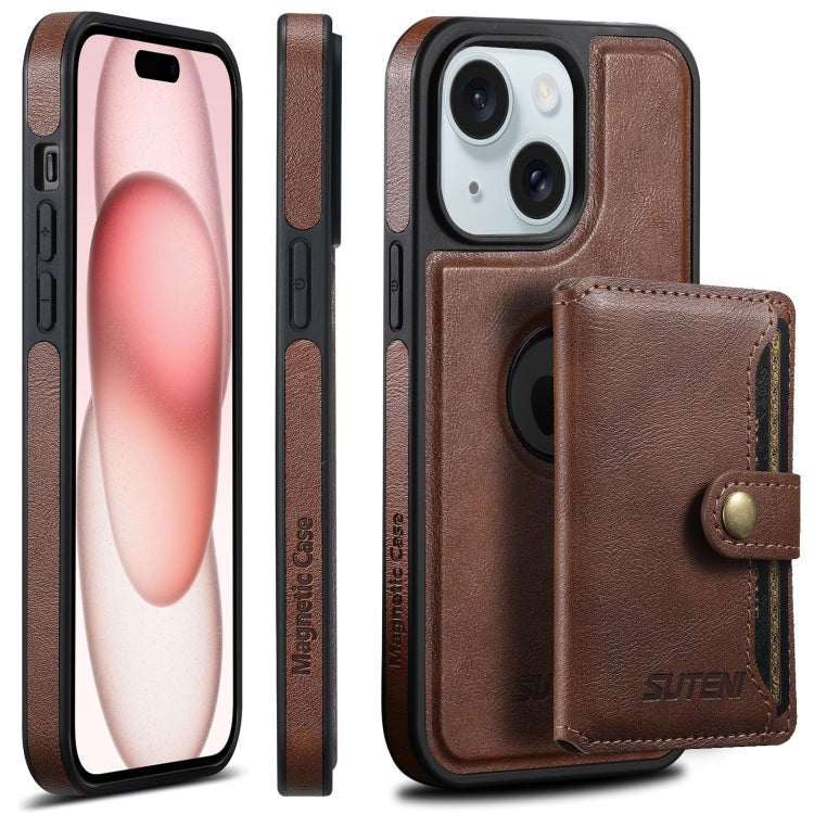 For iPhone 15 Plus Suteni M1 Oil Wax MagSafe Detachable Horizontal Card Bag Phone Case(Brown) - iPhone 15 Plus Cases by Suteni | Online Shopping South Africa | PMC Jewellery | Buy Now Pay Later Mobicred